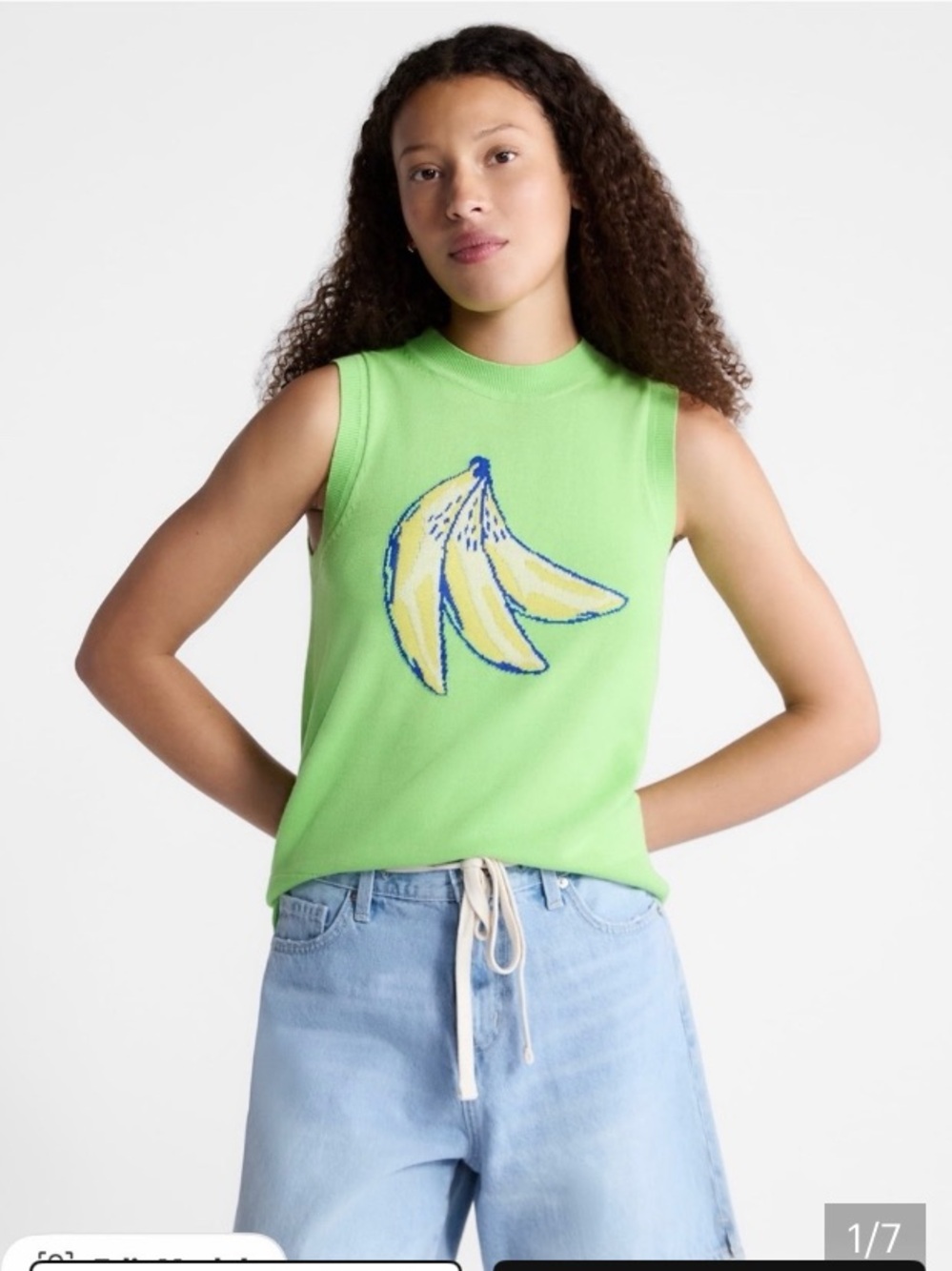 Free Assembly Bright Green Knit Sleeveless Tank with Banana Motif